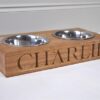 Double wooden oak dog feeding bowl