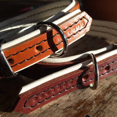 Brown leather and cream padding dog collar and tan leather and cream padding leather dog collar