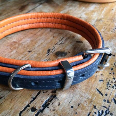 Navy and orange leather dog collar. Luxury leather dog collars