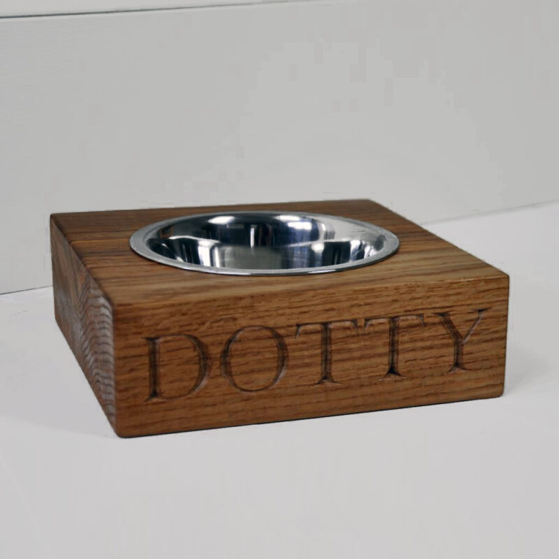 Single wooden oak dog feeding bowl