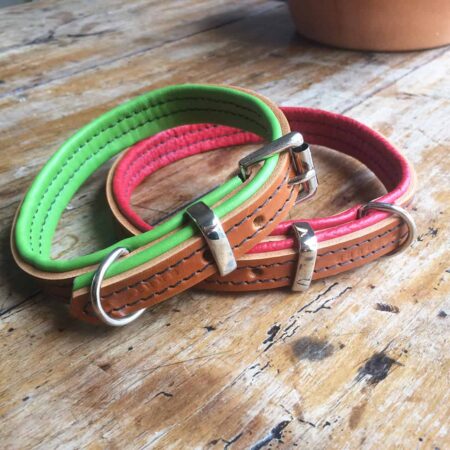 Tan and lime green padded leather dog collar. Luxury leather dog collars