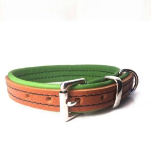 Tan and lime green padded leather dog collar