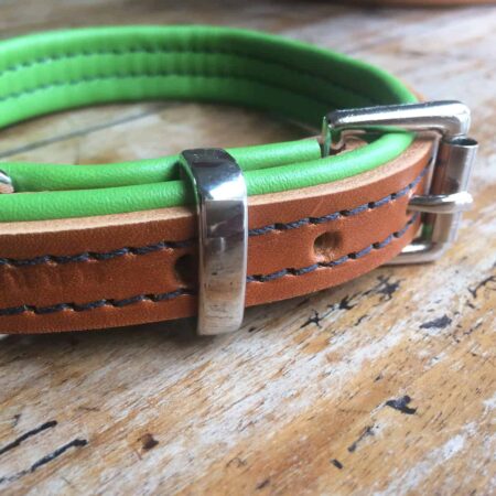 Tan and lime green padded leather dog collar. Luxury leather dog collars