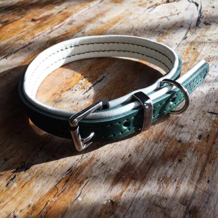 Forest green and cream padded leather dog collar
