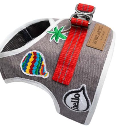 Grey denim luxury dog harness bowl and bone