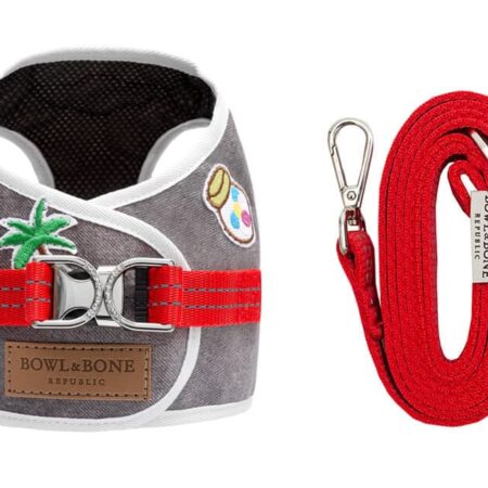 Grey denim luxury dog harness bowl and bone