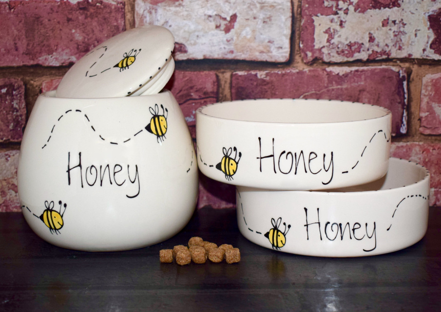 Dog bowls and a treat jar