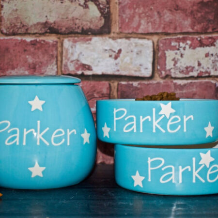 Dog bowls and a treat jar