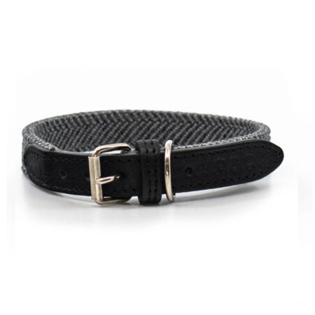Black leather and herringbone dog collar