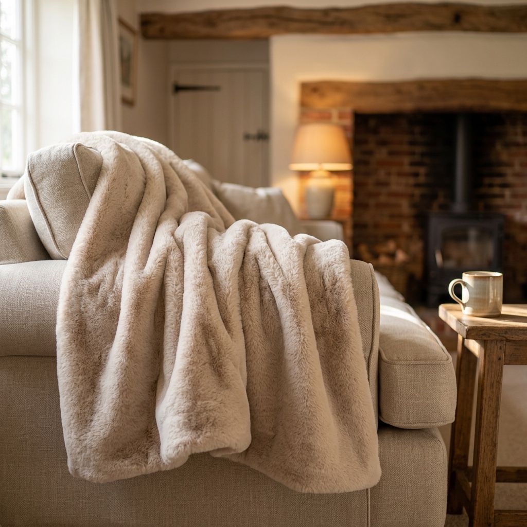 Chelsea Sandstone faux fur dog blanket draped over a linen sofa in a cottage living room